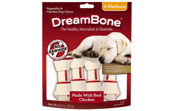 Dreambone Vegetable & Chicken Dog Chews, Classic four Medium Bone Chews Rawhide Free Bones for Dogs, Made with Real Chicken