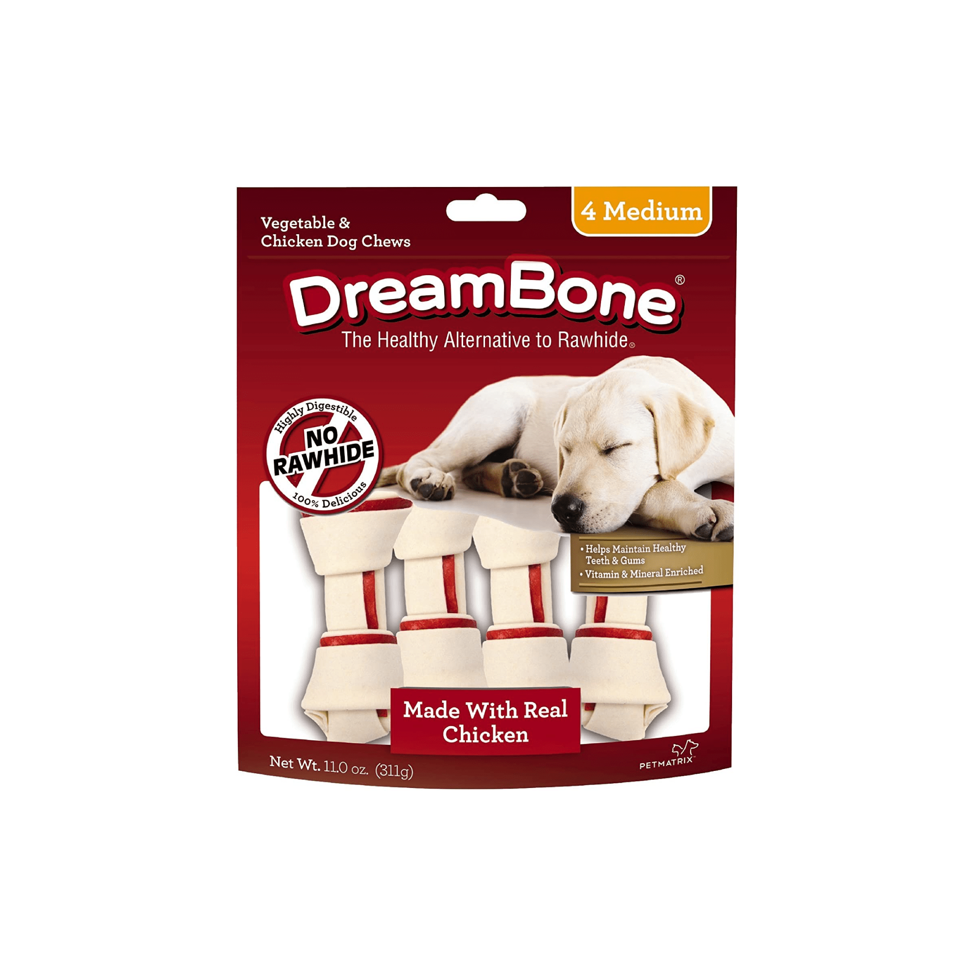Dreambone Vegetable & Chicken Dog Chews, Classic four Medium Bone Chews Rawhide Free Bones for Dogs, Made with Real Chicken